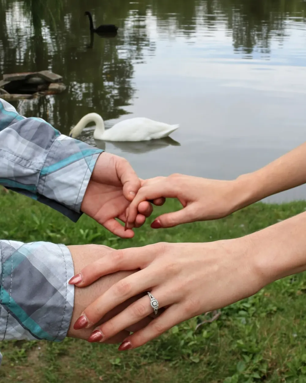 Couple holding hands beside a pond with an engagement ring visible